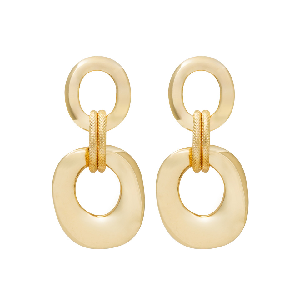 18K Yellow Gold Geometric Drop Earrings with Polished Oval Links