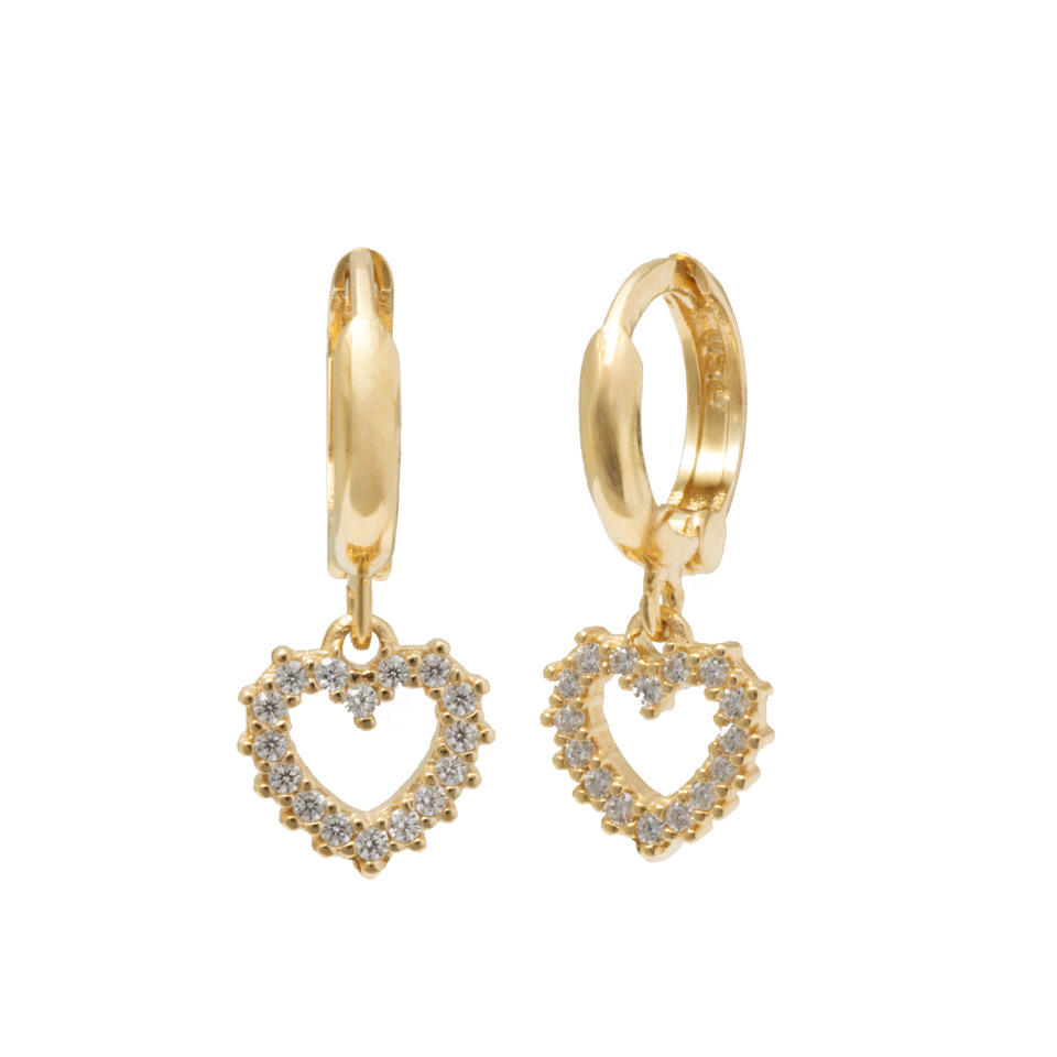 18K Yellow Gold Heart Drop Earrings with Pavé Detail