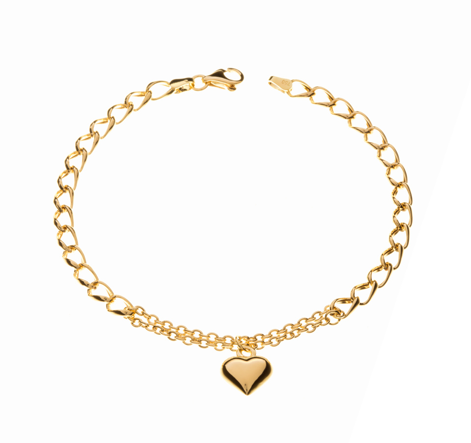 18K Yellow Gold Heart Charm Bracelet with Layered Chain Detail – 19 cm