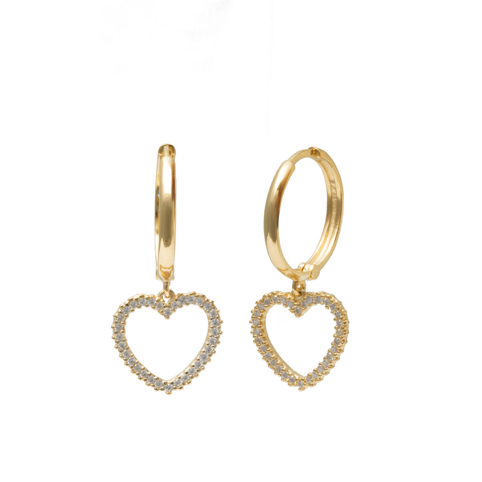 Gold Hinged Huggie Earrings with Pavé Open Heart Charm – Sparkling Romance