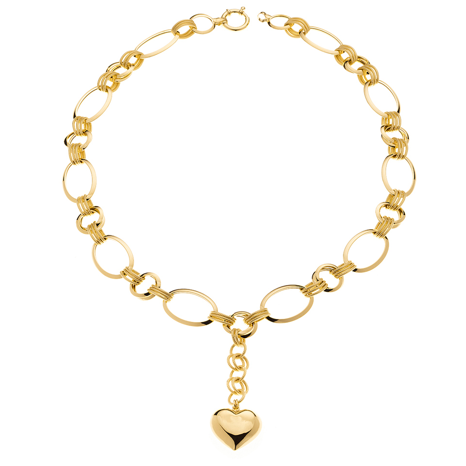 18K Yellow Gold Link Necklace with Heart Charm – 45 cm